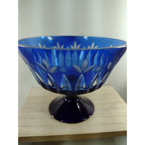 Bohemian Cobalt Blue Cut to Clear Glass Blue Footed Bowl Petal Pattern - Picture 1 of 9